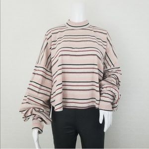 Free People Steph Striped Mock Neck Balloon Sleeve